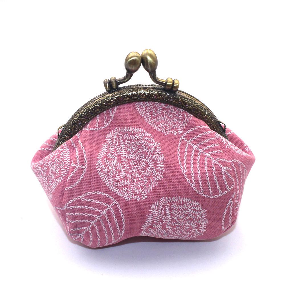 10.5cm Canvas Leaf Print Clasp Coin Purse - Handmade Retro Ladies' Clutch with Snap Closure