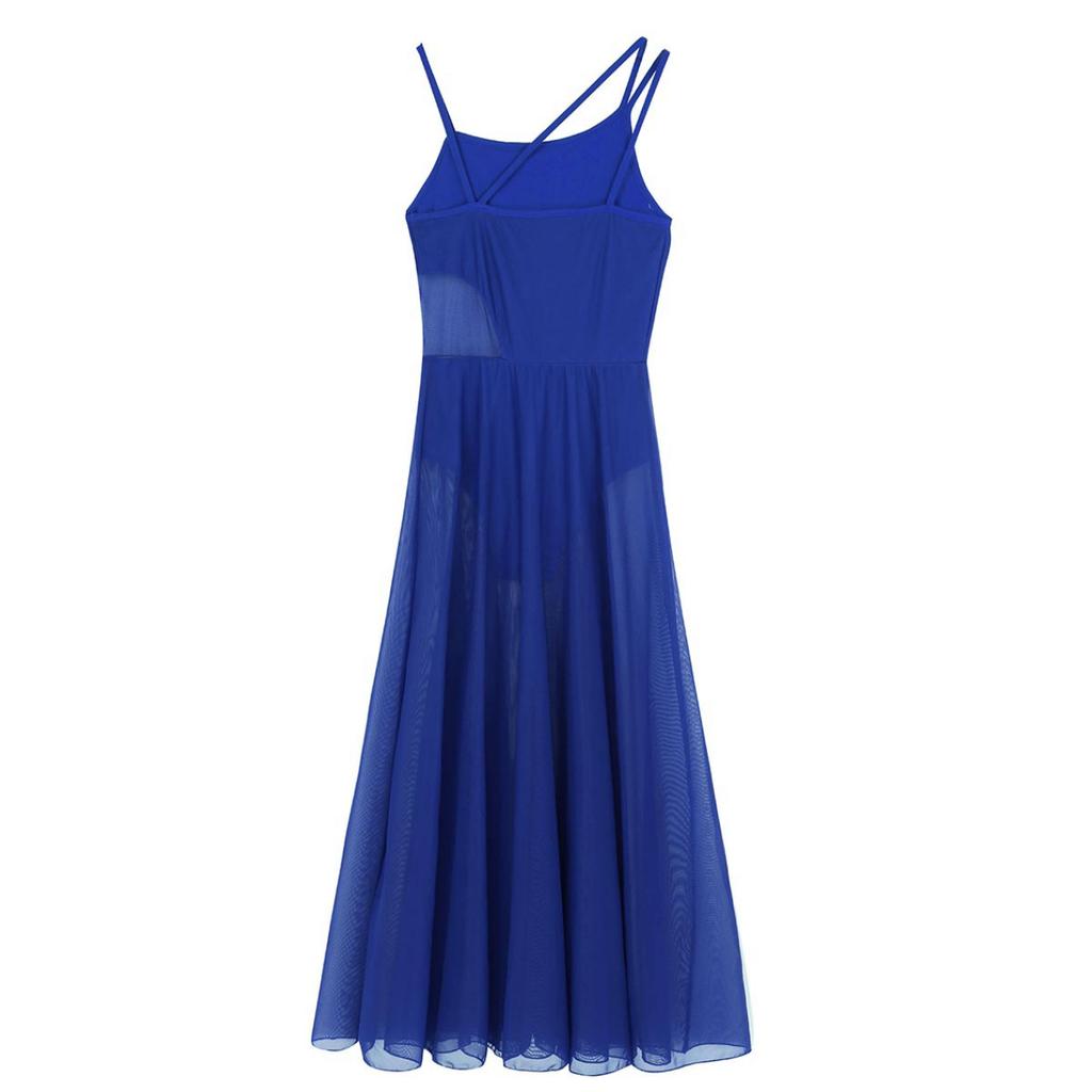 Dance Costume Practice Wear Mesh Splice Asymmetrical Mesh Maxi Dance Dress with Built-In Leotard