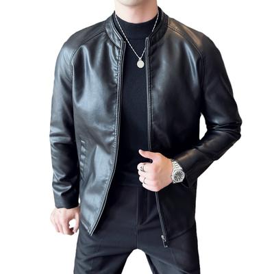 Leather Jacket Men's Stand Collar Korean Style Trendy Autumn and Winter New Leather Jacket Handsome Motorcycle Suit Green Large Size Jacket