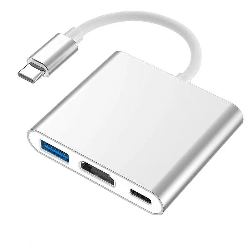 

3 в 1 USB-концентратор USB C - HDMI-совместимый разветвитель HUB Type-C - HDMI-совместимая док-станция USB3.0 для Macbook Air Converter серебряный