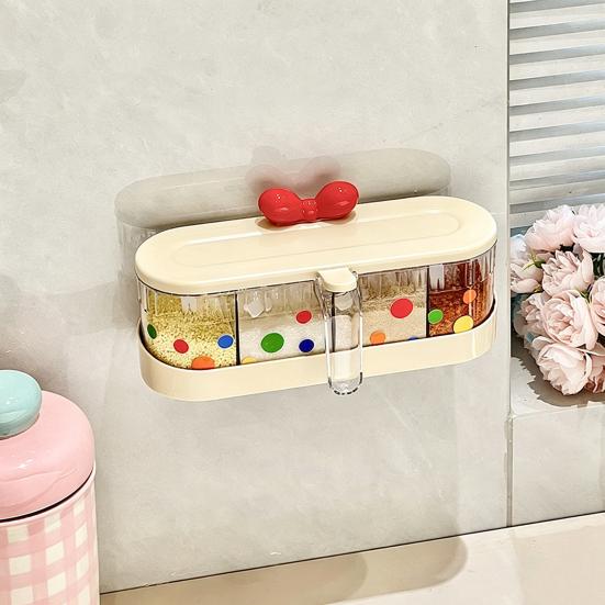 Cute Spice Container with Press-Type Lid Multi-Compartment Seasoning Box Wall-Mounted Kitchen Organizer for Salt Sugar Condiments