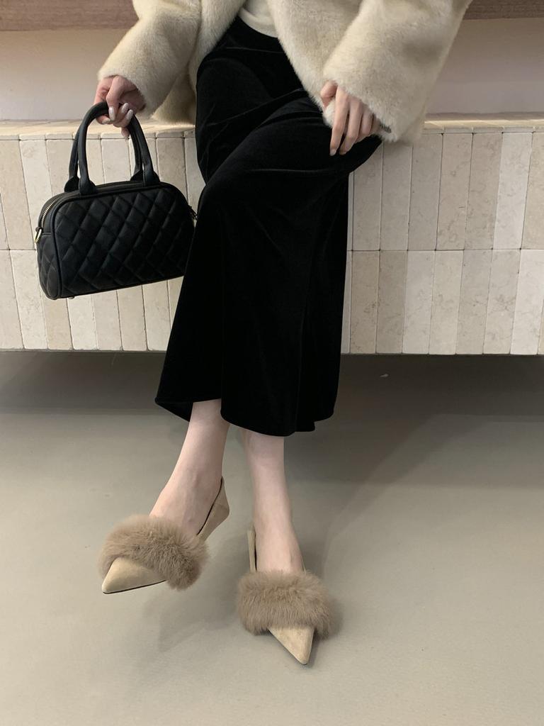 French fluffy low-heeled shoes women's pointed head sexy light mouth celebrity style skirt rabbit fur plush warm shoes