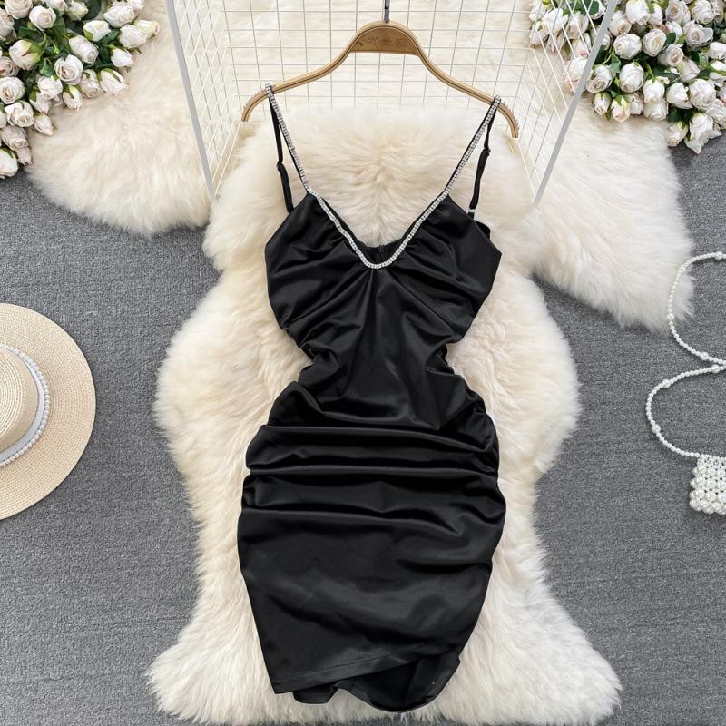 Sweet Cool Spice Girl Acetate Satin Suspender Skirt Fashion Waist Skinny Small Folded Short Hip Wrap Dress Summer