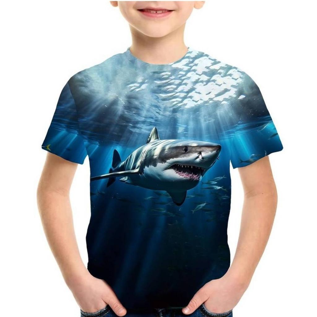 Shark 3D Printed T-shirt Short Sleeved Round Neck Top Breathable Summer Sports Casual Children's Boy T-shirts
