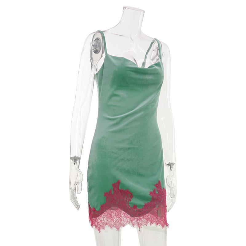 Velvet Lace Spliced Sleeveless Mini Dress Women Casual Boho Chic Outfit
