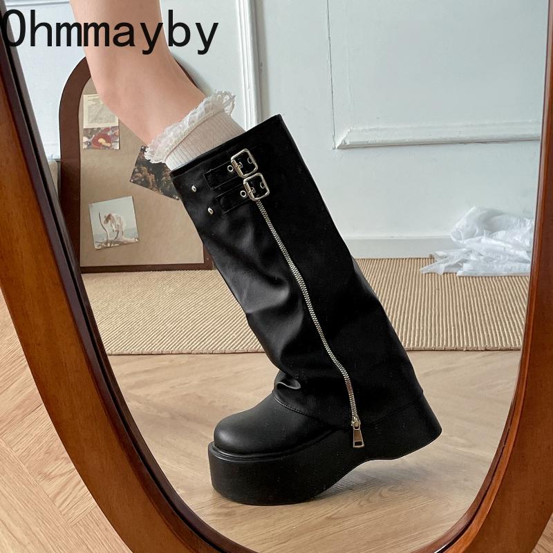 Winter Punk Style Women Knee High Boots Fashion Belt Buckle Long Boots Female Elegant Platform Heel Women'S Knight Botties
