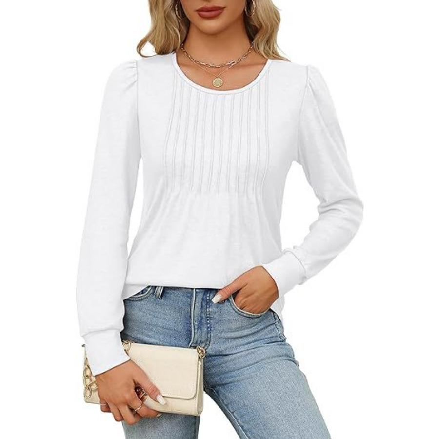 Maglietta a maniche lunghe da donna autunnali, alla moda, casual, plissettata, con scollo rotondo basso, abbigliamento da donna
