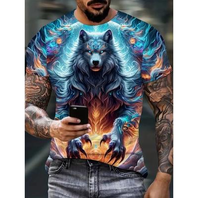 Wolfsmuster 3D-Druck Herren Sommer Freizeit Rundhals Kurzarm Tier Outdoor Mode