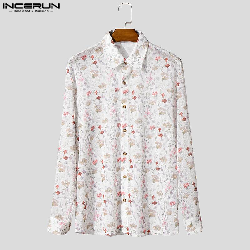 INCERUN Mens Oversized Long Sleeve Button Down Hollow Out Floral Print Casual Loose Shirts