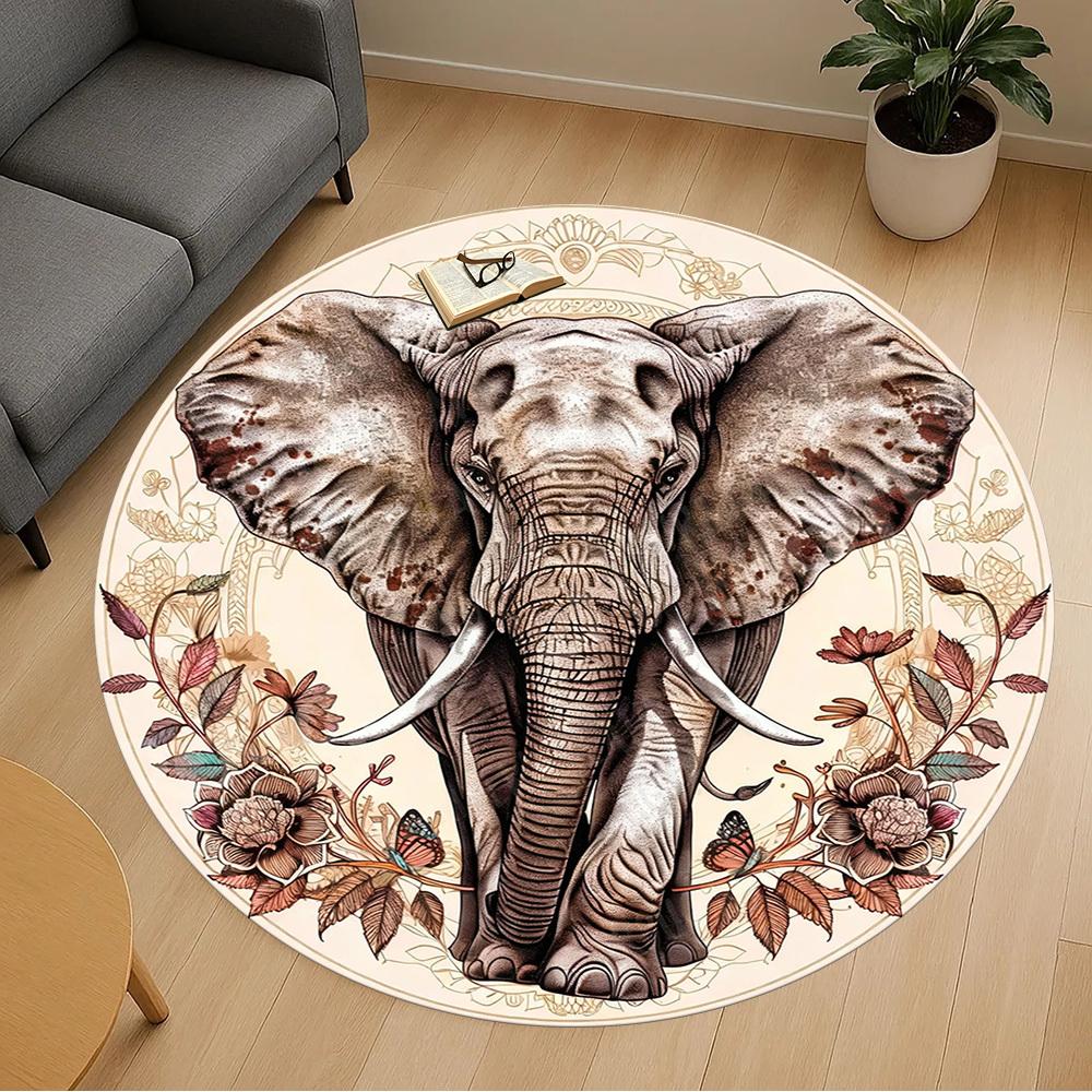 1PC Elephant Flowers Office Round Area Rug, Under Office Chairs Bedroom Living Room Home Decor, Carpet for Office -1110035