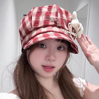 Household Kitten Bow Plaid Octagonal Hat Women's Spring Summer Early Autumn New Versatile Cute Face Little Beret