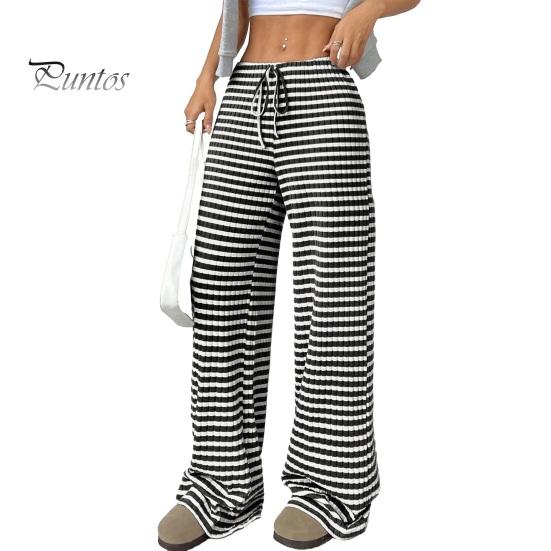Comfortable Pants Women Casual Wide Leg Trousers Elastic Waist Adjustable Striped Drawstring Design Loose Fit Daily Wear