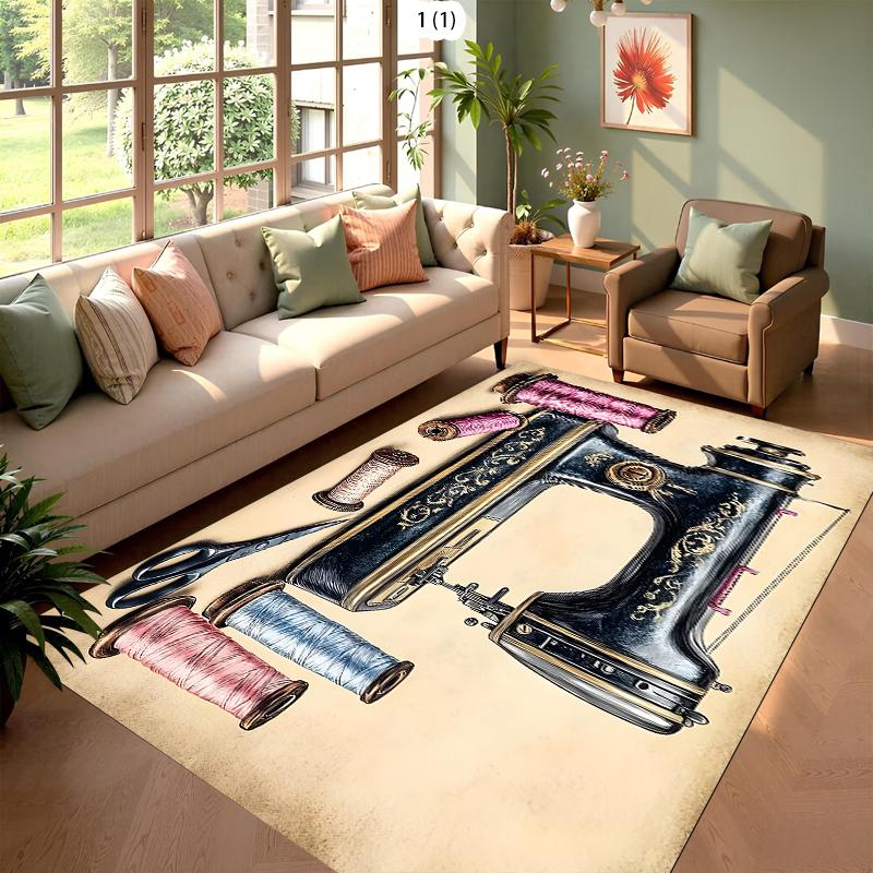 Sewing Machine Carpet Mat Rug Home Decoration Living Room Bedroom Floor Decor Vintage Scissor Thread Retro Style Non Slip Rugs