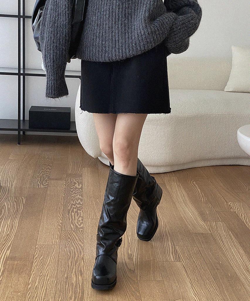 Moodnple Venzamin Buckle Point Natural Shirred Long Boots Unique Material 2 Colors 4Cm