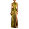 European American Women Metallic Pleated Slit Lace-up Halter Backless Sleeveless Dress