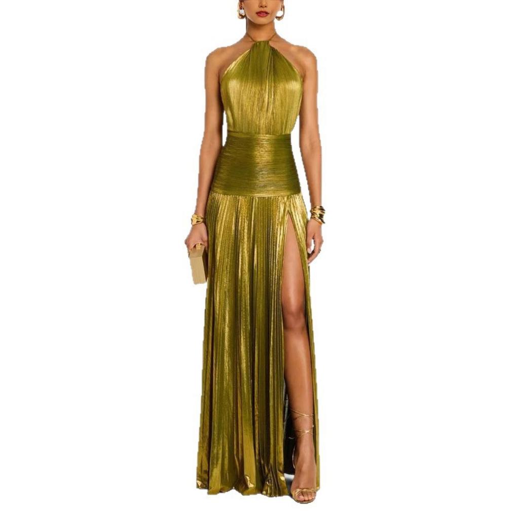 European American Women Metallic Pleated Slit Lace-up Halter Backless Sleeveless Dress