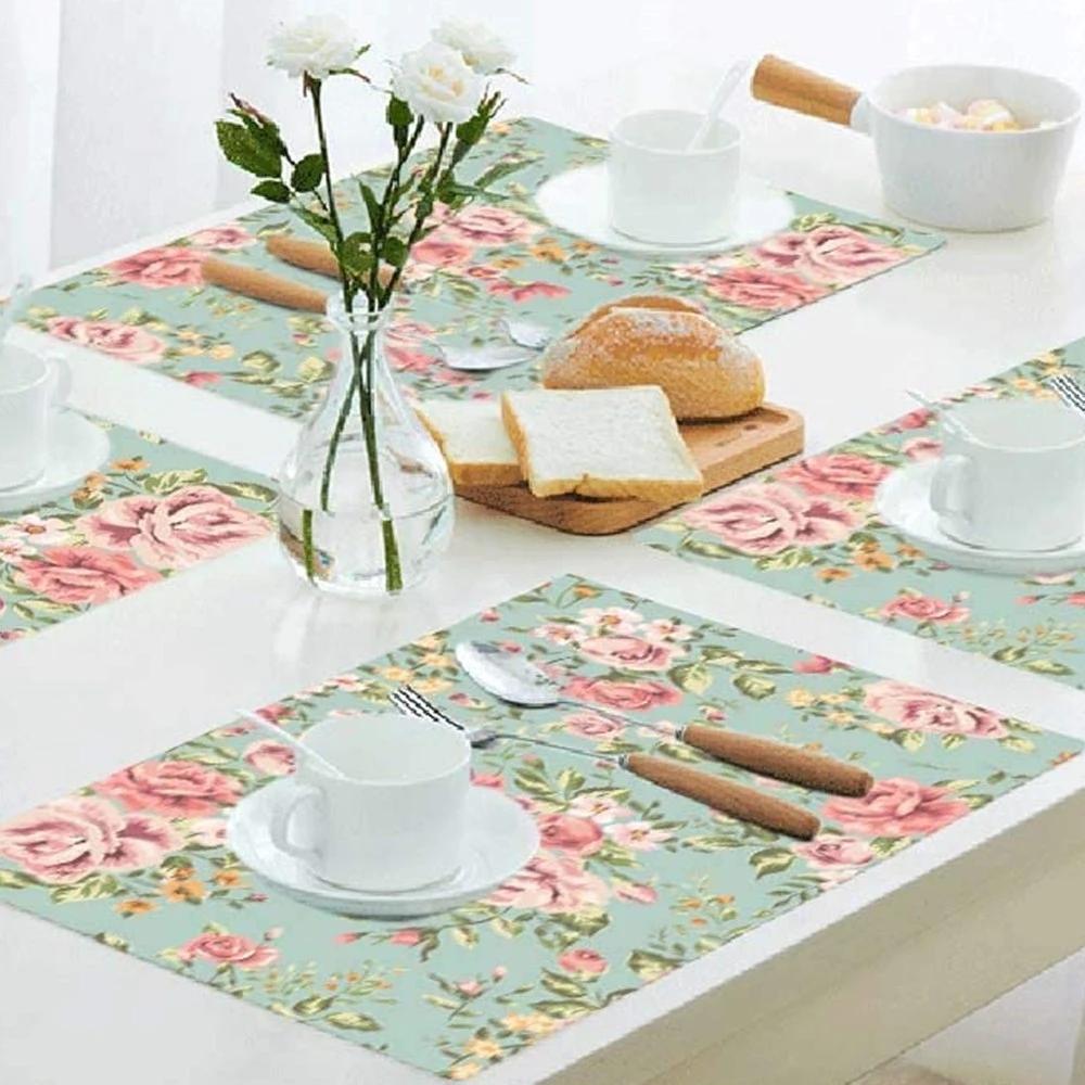 Classic Rose Flower Placemat Linen Table Mat Tree Wooden Style Dining Table Disc Pads Coaster Napperon Plate Bar Tapete De Lugar