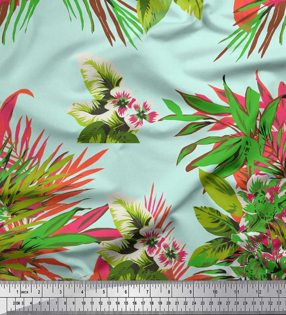 Soimoi Cotton Cambric Fabric Leaves & Lily Flower Print Sewing Fabric Metre 42 Inch
