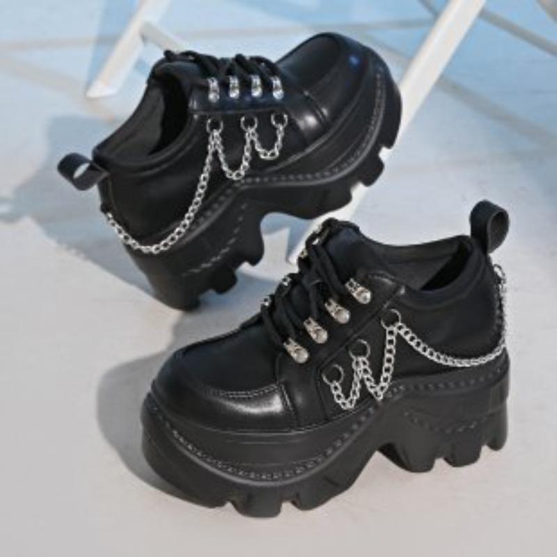 Fashion Platform Metal Chain Single Shoes Autumn New Round Toe Lace Up Punk Style Sneakers for Women 8cm Chunky High Heeled Zapatillas