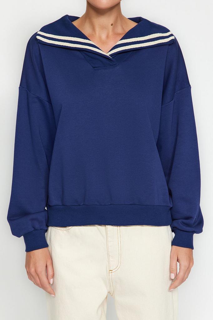 Women's Fashionable Stylish Sweatshirt Navy Blue Oversize Wide Fit Knitwear Collar Detailed Diagonal Knitted Sweatshirt