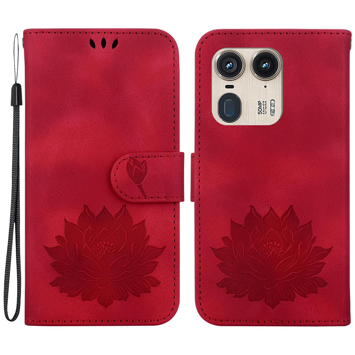 

For Motorola Edge 50 Ultra 5G/Moto X50 Ultra 5G Wallet Phone Stand Case Imprinted Lotus Pattern PU Leather Phone Cover Red