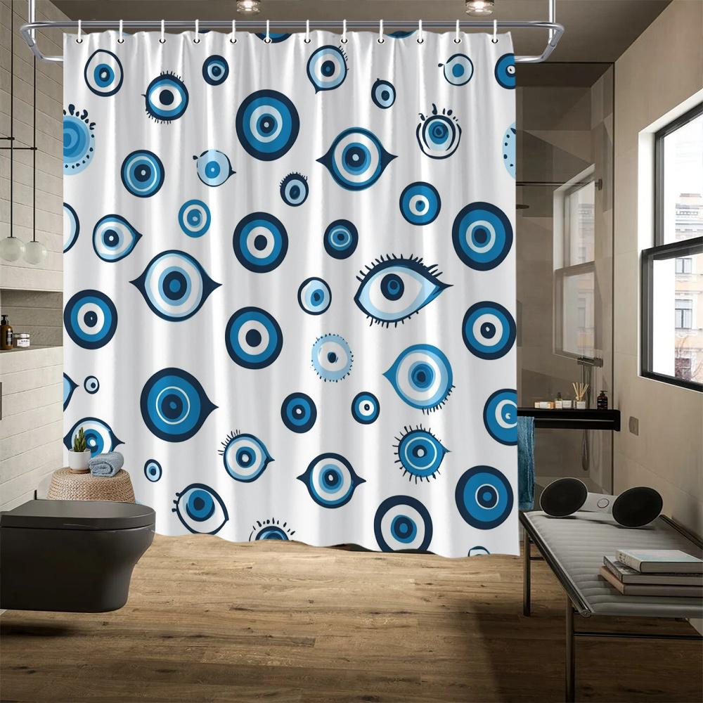 Abstract Eye Pattern Shower Curtain – Blue & White Modern Design, Playful Art, 70.8X70.8In, Polyester, Includes Hooks