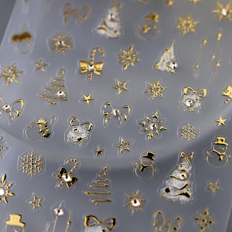 Christmas Nail Gold Snowflake Bowknot Snowman 3D Self Adhesive Nail Art Stickers Rhinestone 5D Embossed Reliefs Manicure Decals