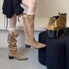 Large tube circumference boots for women in the autumn and winter of 2025, new Spice Girls, but knee long boots, square head thick heel, brown pile