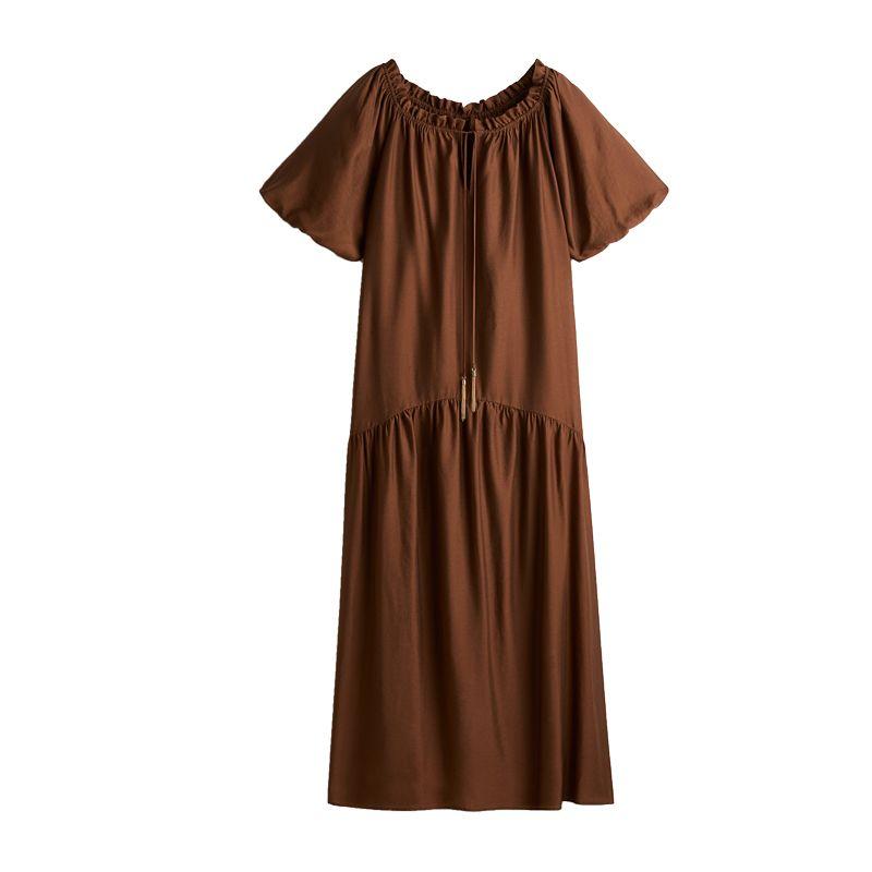 

Spring and Summer Women s Clothing Loose Version Square Collar Puff Sleeve Tassel Charm Drawstring Design Dress 1276491 Brown L