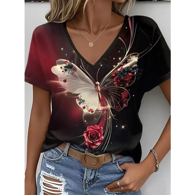 Summer V-neck 3D Flower Themed Pattern Printed Top Fashionable Casual Short Sleeved Women's T-shirts