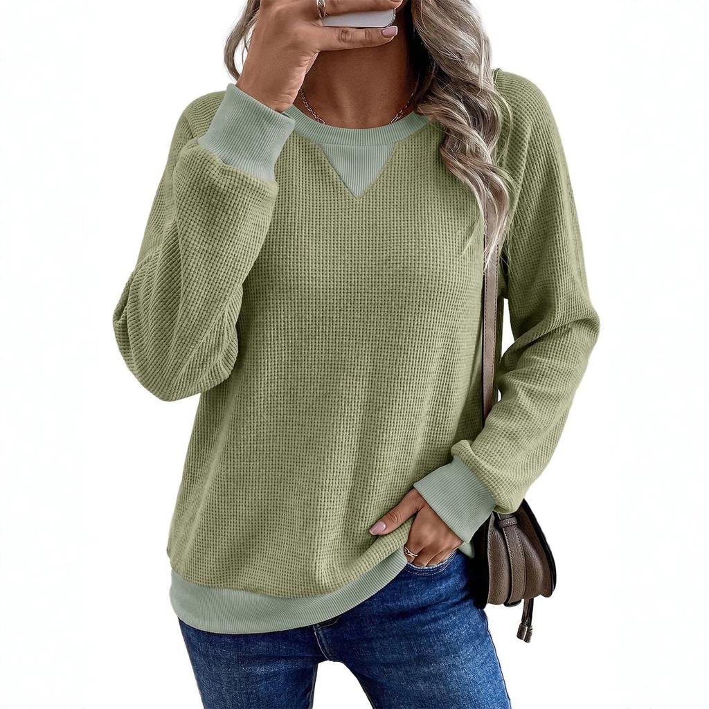 Women's Long Sleeve T-Shirt 2026 Fall Winter New Arrival Patchwork Color Block Waffle Knit Pullover Casual Loose Fit Tunic Top