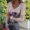 Women's Winter Slim-Fit Base Layer T-Shirt Fashionable Christmas Print V-Neck Pullover Long-Sleeved Top