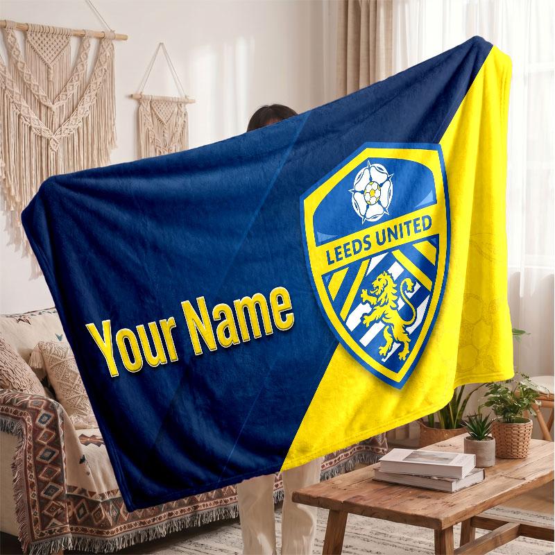 Leeds United Personalized Fleece Blanket With Football Logo, Custom Name Text Soft Warm Home Throw Blanket