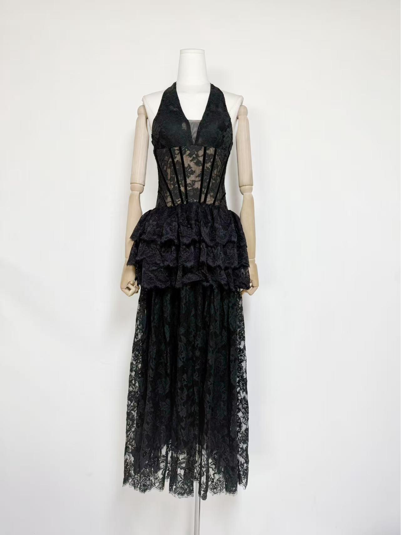 Elegant High-Waisted Sleeveless Lace Halter Dress - Puffy Embroidered Backless Style 2026. Medium чёрный