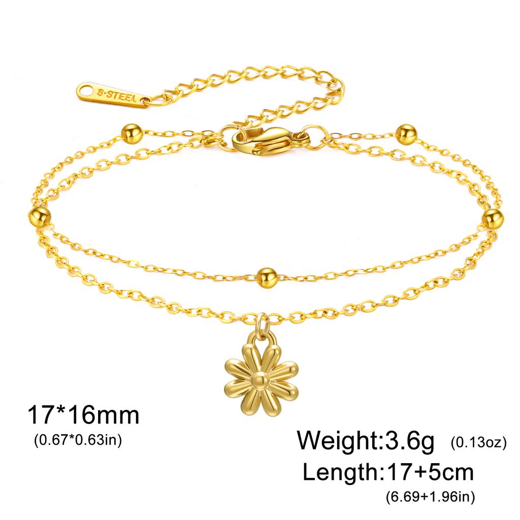 Teamer Bohemian Flower Charm Bracelet Stainless Steel Adjustable Double Layer Beads Chain For Women Fashion Sweet Jewelry Gift