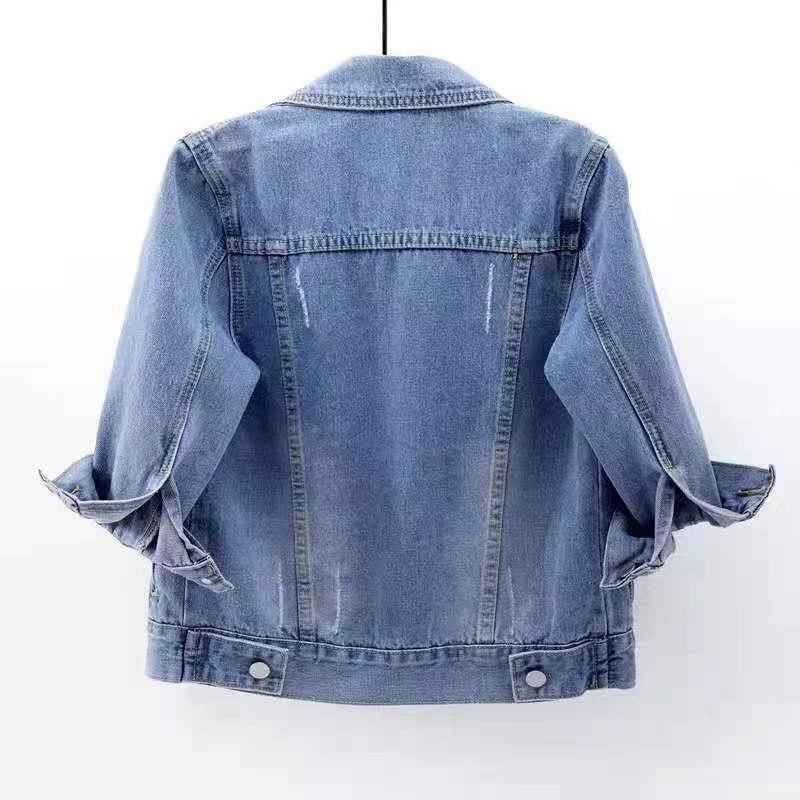 Vintage Blaue Kurze Jeansjacke Mantel Damen Lässig Slim Oberbekleidung Dreiviertelärmel Jeansjacke Weiblich