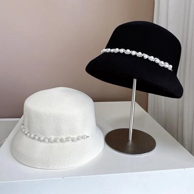 Delicate and Elegant French Small Fragrance Lampshade Hat Fashion Shining Pearl Chain Basin Hat Women's Banquet Top Hat