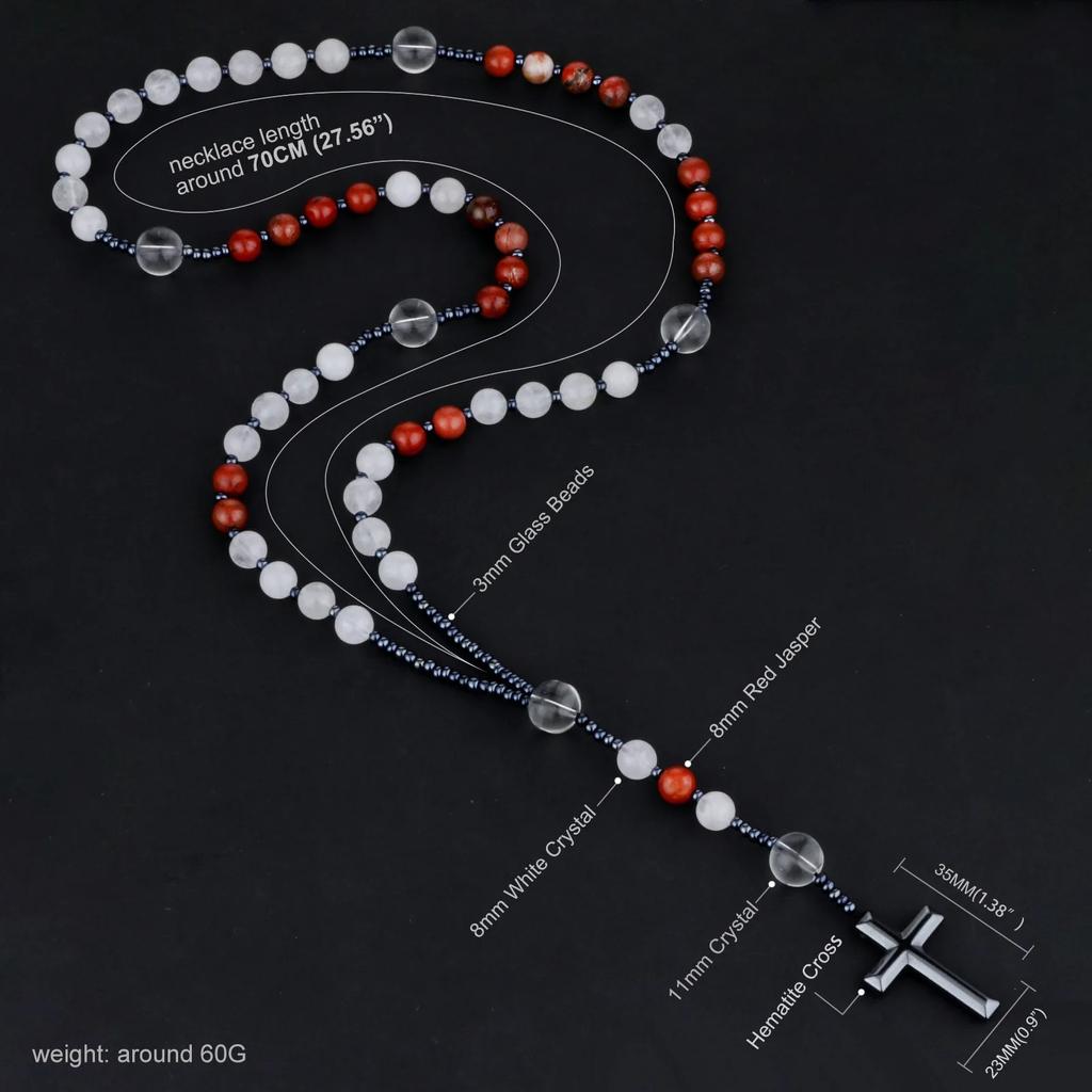 Red Stone White Crystal Rosary Beads Necklace Women Men Catholic Christ Hematite Cross Pendant Necklace Meditation Mala Jewelry
