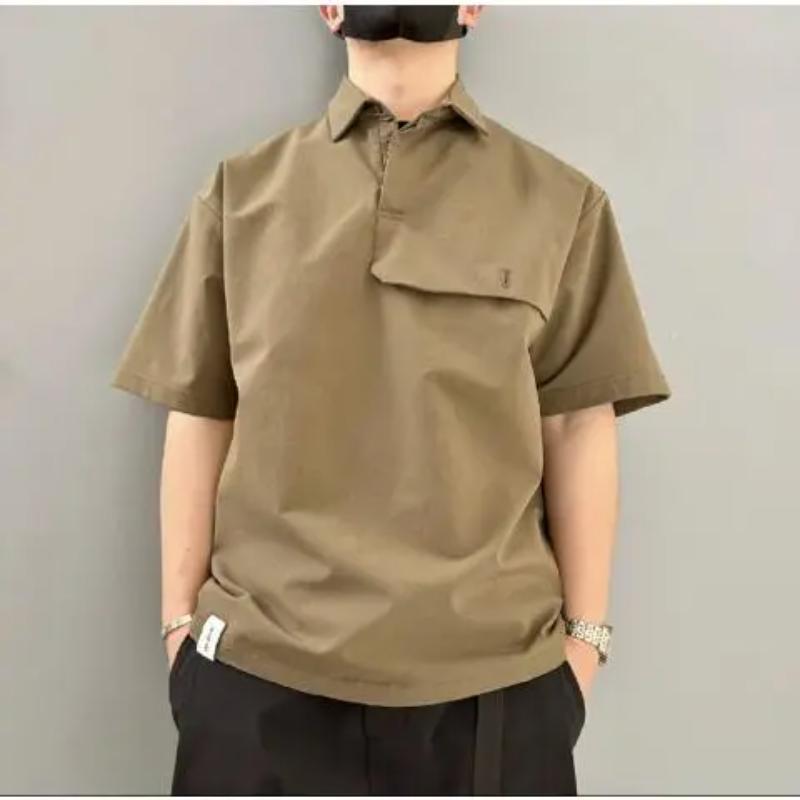 Men's Oversized Polo Shirt Casual Loose Fit Short Sleeve With Pocket Khaki