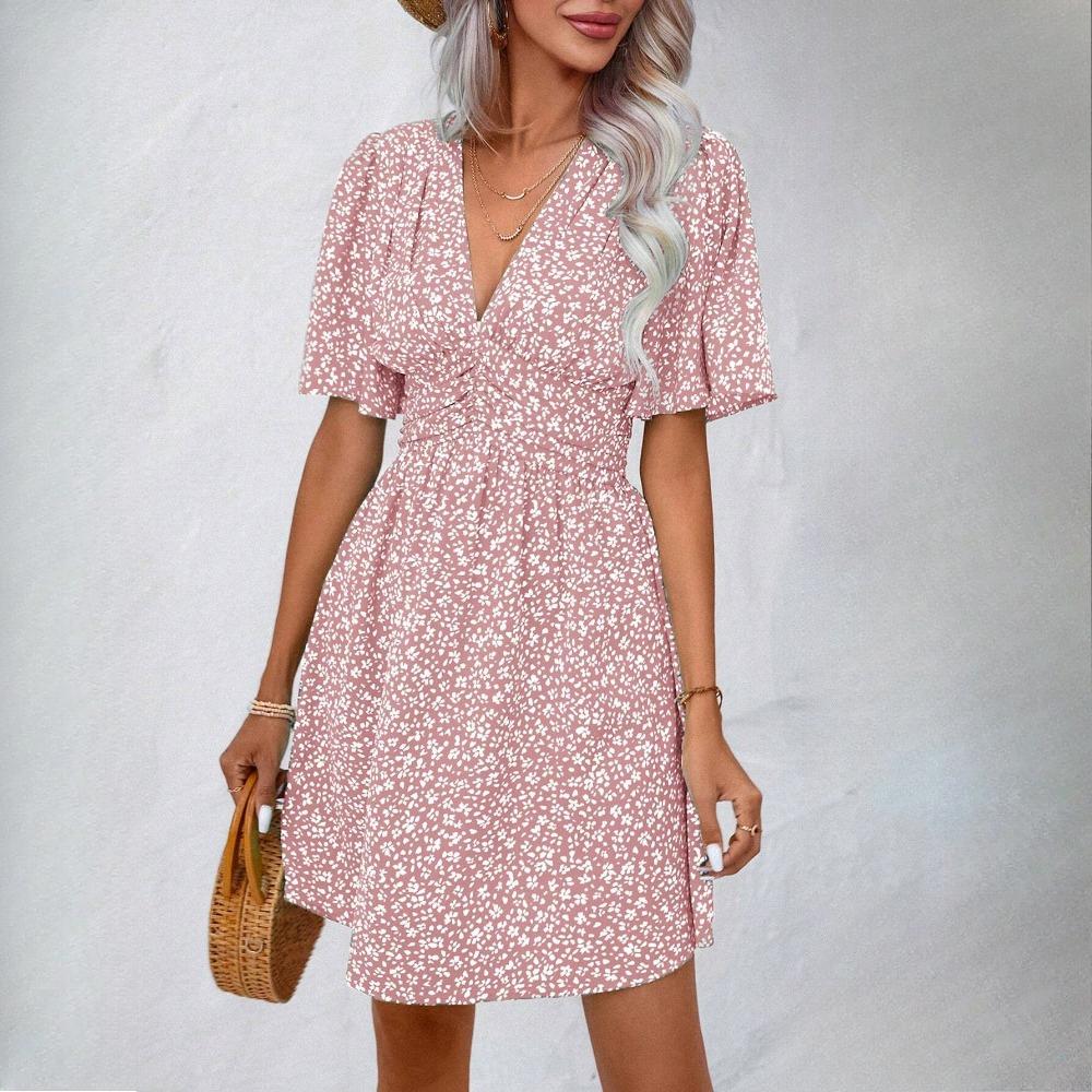 GMXIA Women's Summer V-Neck Midi Sleeve Printed High Waist Floral Pleated Dresses