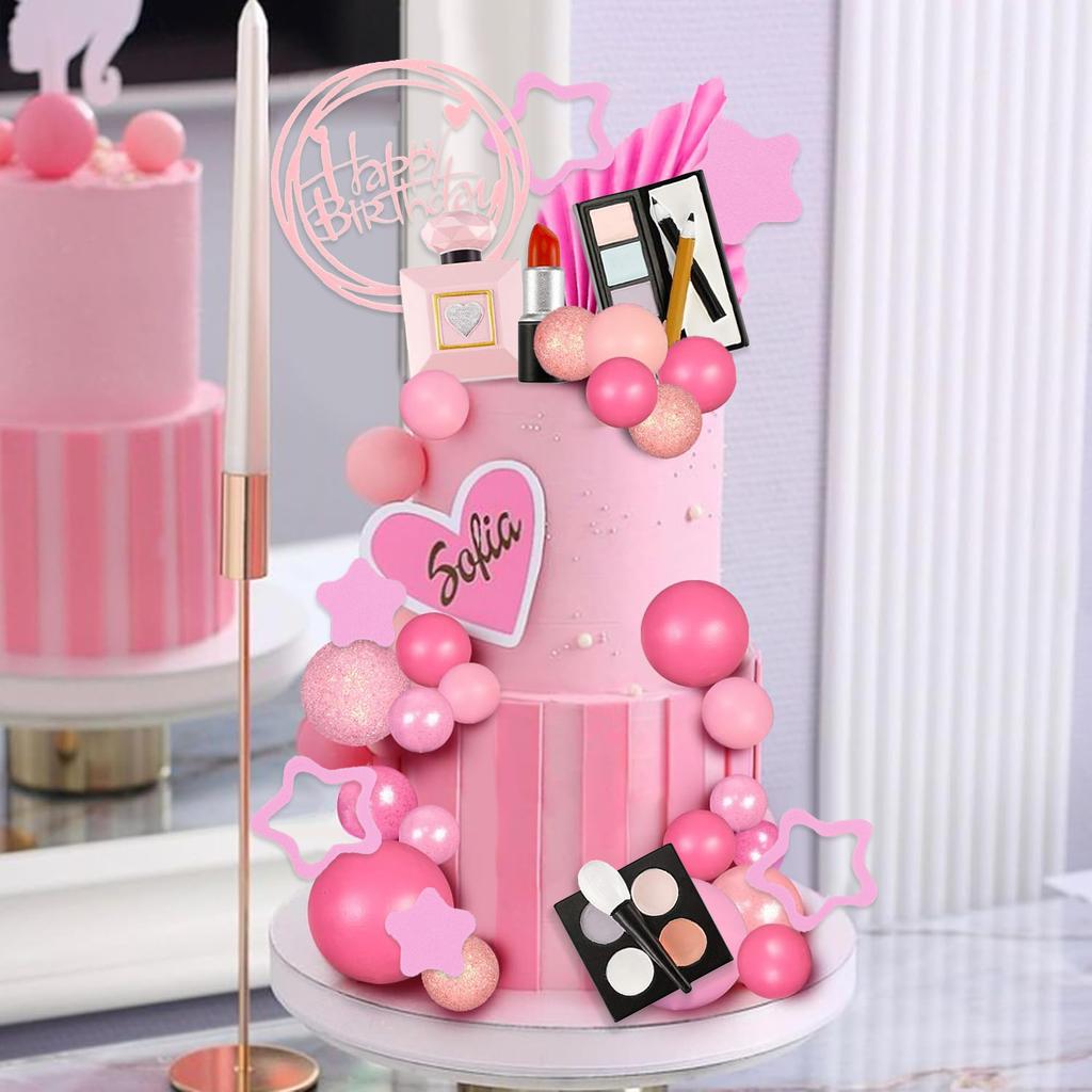 34-teiliges Set Make-up-Kuchenaufsätze, Happy Birthday-Kuchenaufsätze mit Lippenstift, Lidschattenpinsel, Make-up-Pinsel für Mädchen, Geburtstagsdekoration