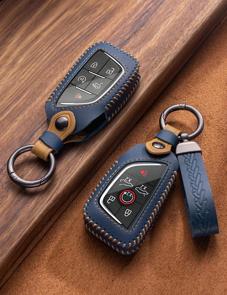 YINEOR Cadillac Key Fob Cover Leather Car Key Case Keychain Smart Key Fob Holder