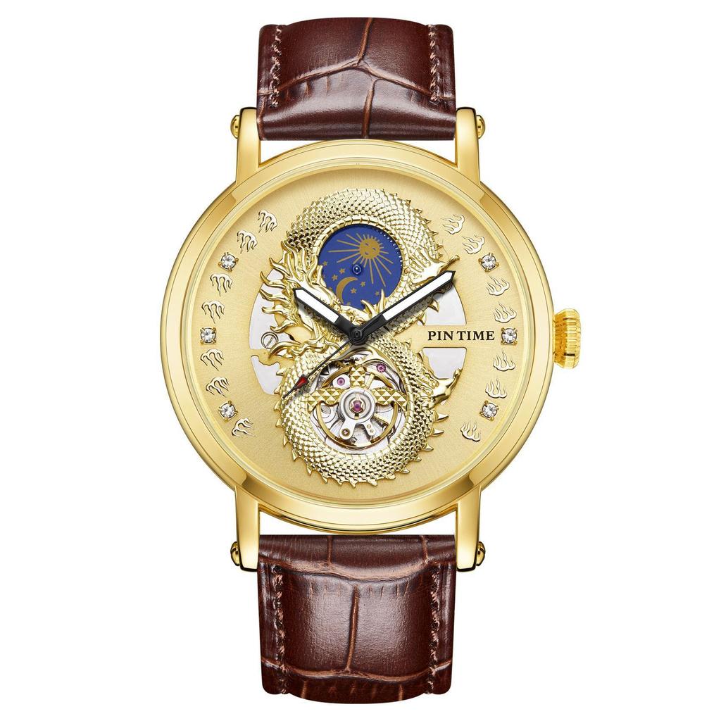 PINTIME Luxury Gold Stainless Watch Dragon Skeleton Mechanical Watch Men Moon Phase Tourbillon Wristwatch