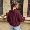 Womens Loose Long Sleeve Blouse With Back Tie Cutout Detail Semi-High Neck Winter 2026