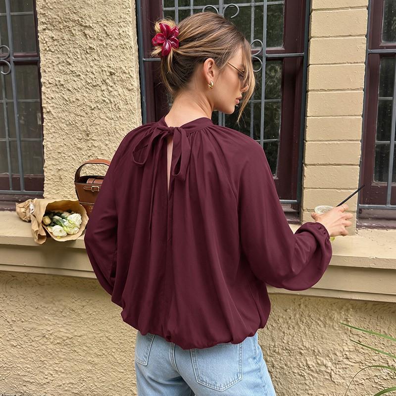 Womens Loose Long Sleeve Blouse With Back Tie Cutout Detail Semi-High Neck Winter 2026