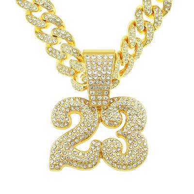 Raffinata collana con ciondolo con numero 23 di diamanti europei e americani per uomo Hip Hop Personalizzato Bubble Bar Wear con catena cubana con diamanti incastonati