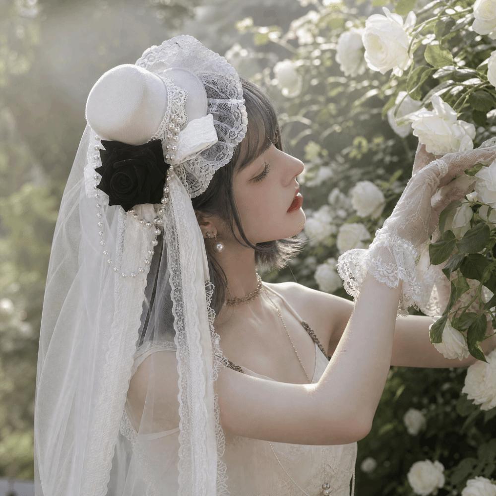 Rose Decoration Mini Top Chiffon Rose Hat Lace Retro Small Top Hat Gothic Lace Veil Fashion Items