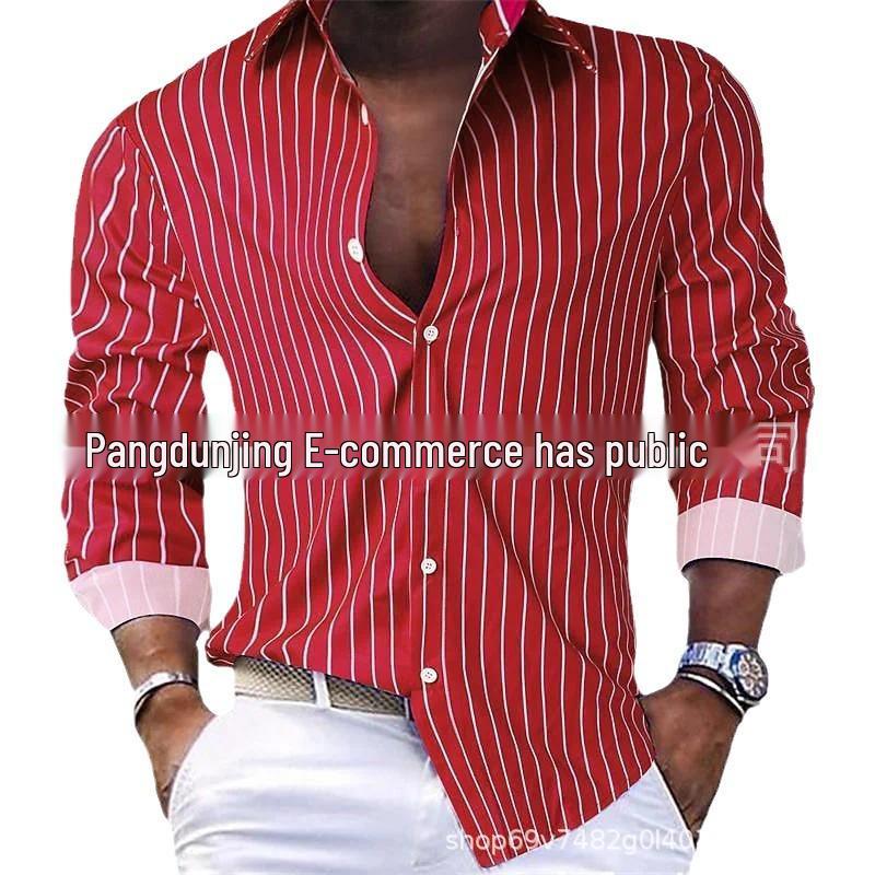 Men's Autumn/Winter Striped Turn-Down Collar Cardigan Long-Sleeved Shirt
