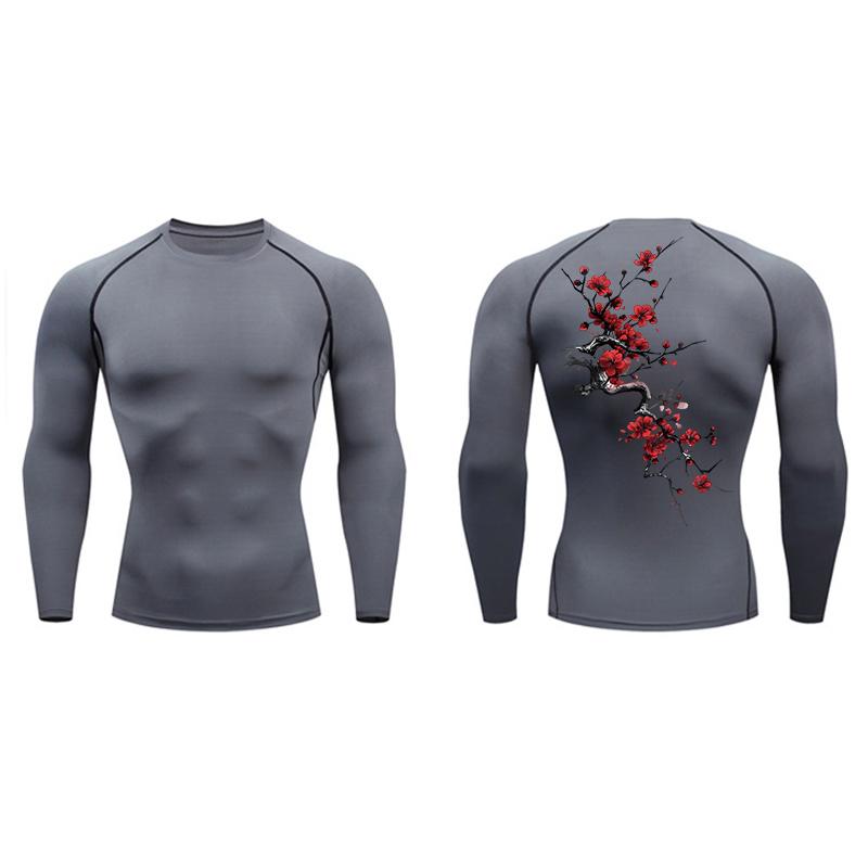 Sakura Blossom Print Compression Shirt for Men Athletic Quick Dry T-shirts Gym Workout Running Tees Long Sleeve Tops Activewear