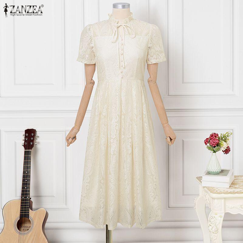 ZANZEA Women V-Neck Short Sleeve Casual Lace Dress